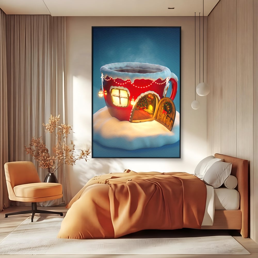 Tablou canvas cu ilustratie cana rosie cu casa de craciun, in rama de aluminiu negru, pe perete intr-un dormitor