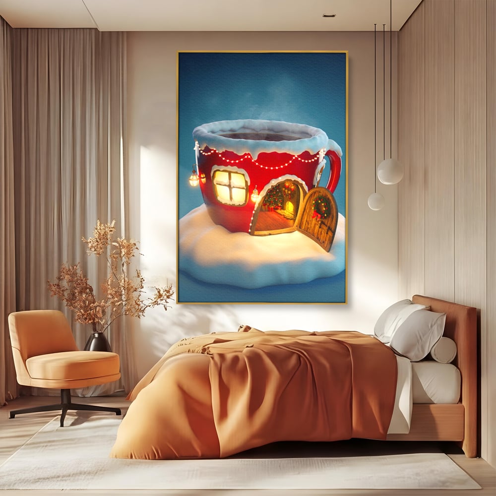 Tablou canvas cu ilustratie cana rosie cu casa de craciun, in rama de aluminiu auriu, pe perete intr-un dormitor