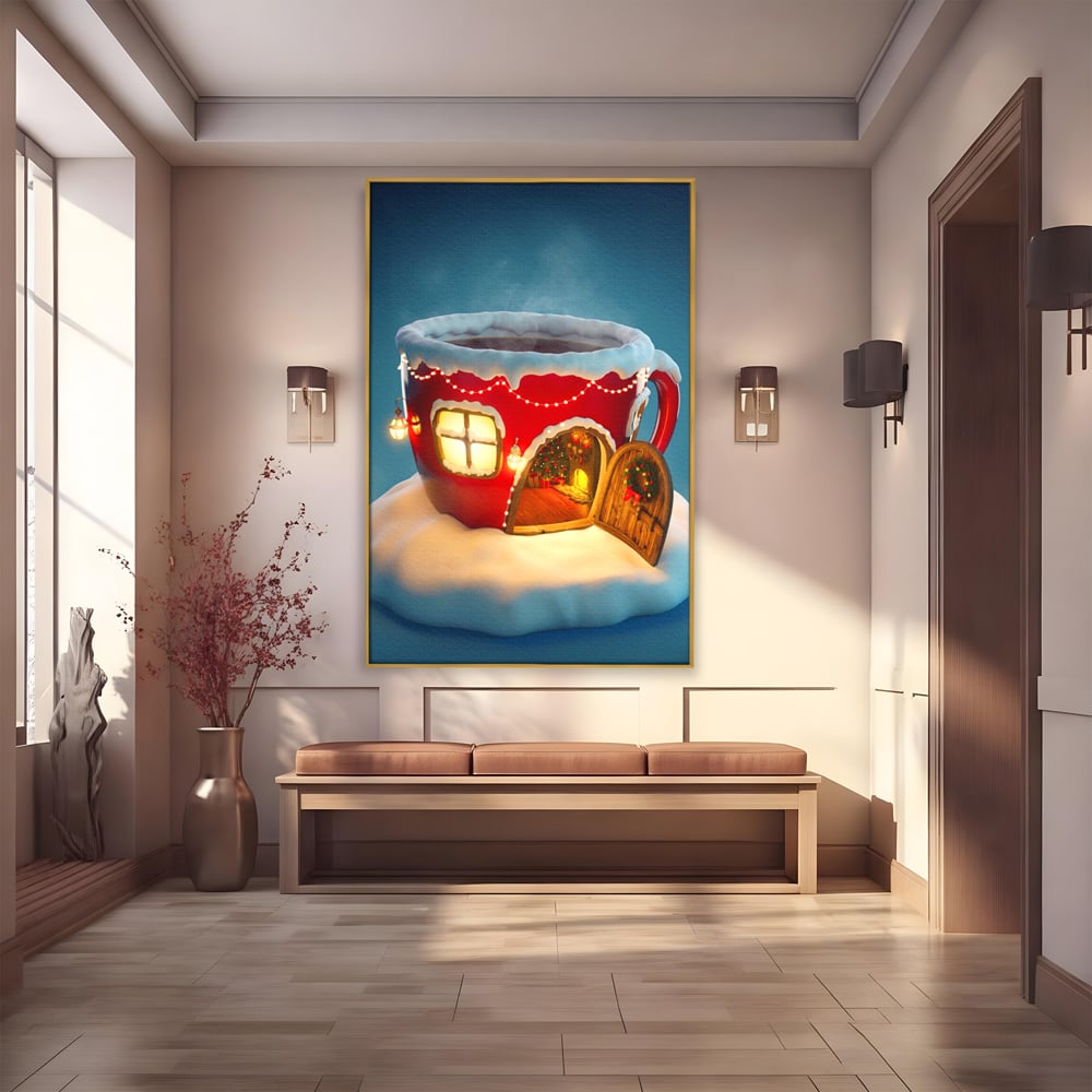 Tablou canvas cu ilustratie cana rosie cu casa de craciun, in rama de aluminiu auriu