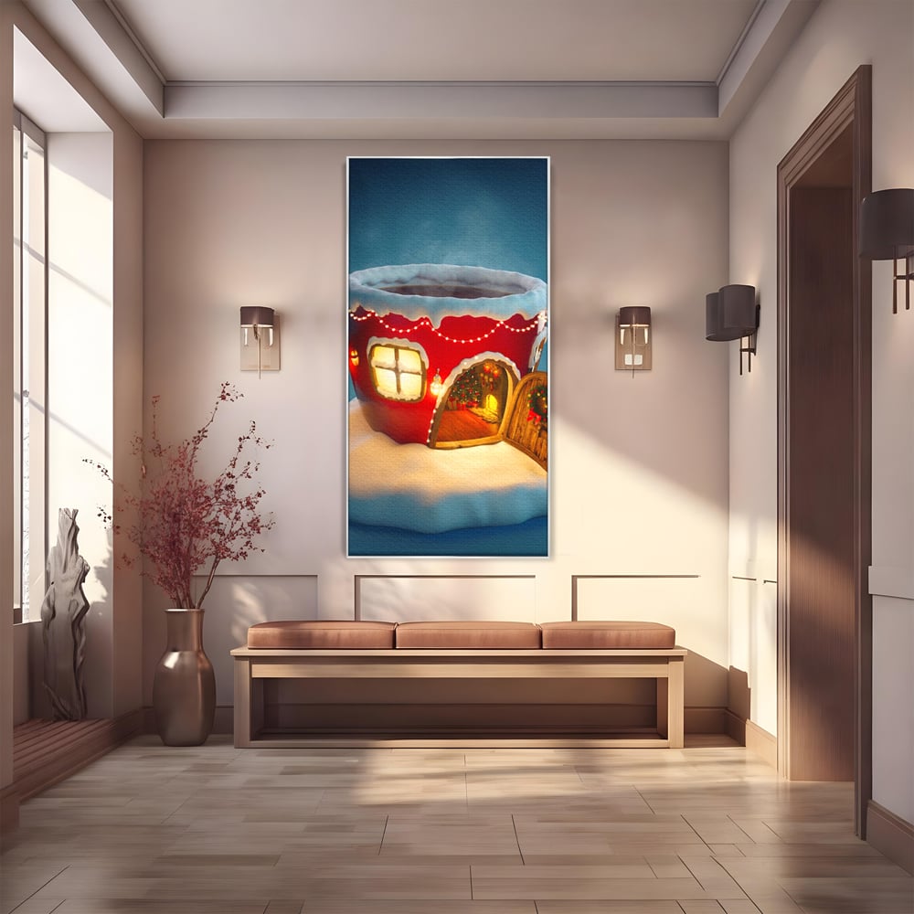 Tablou canvas cu ilustratie cana rosie cu casa de craciun, in rama de aluminiu argintiu