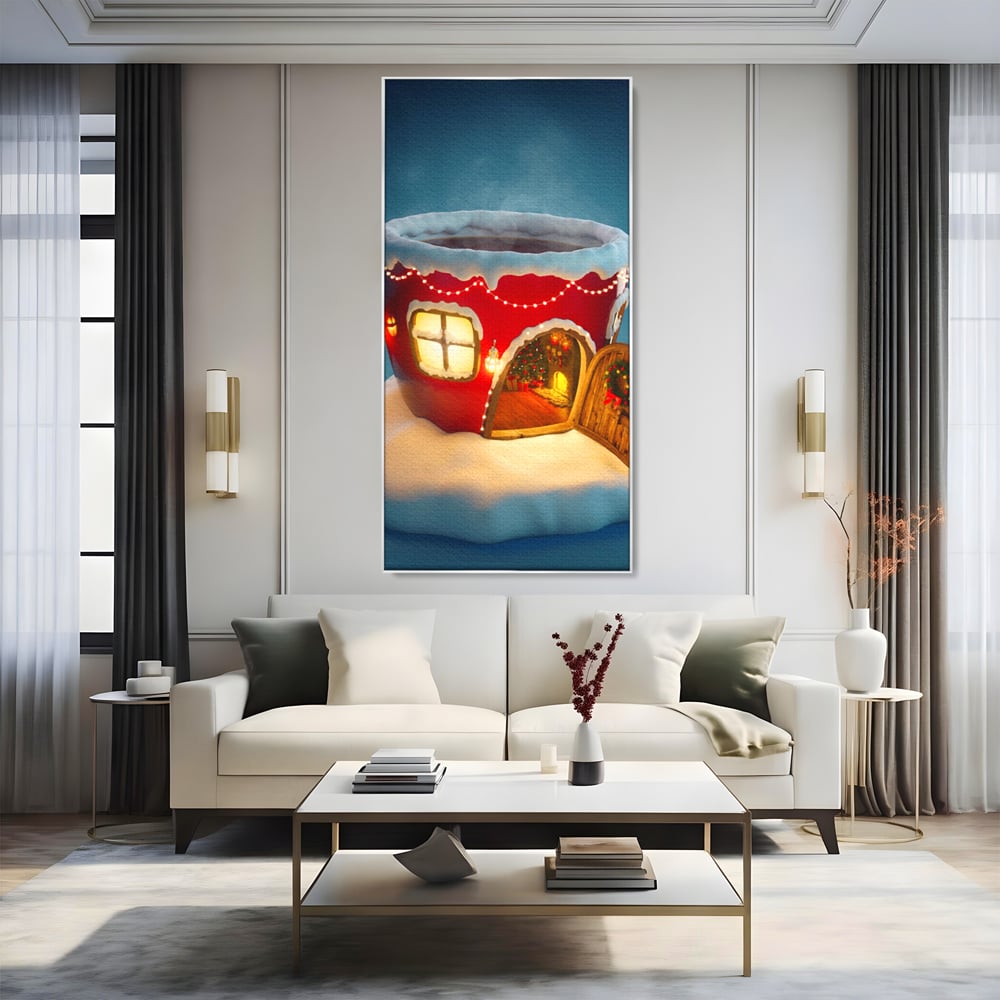 Tablou canvas cu ilustratie cana rosie cu casa de craciun, in rama de aluminiu argintiu, pe perete intr-un living