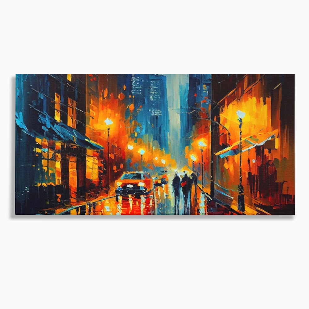 Tablou canvas cu pictura stradala cu oras plouat, fara rama, pe sasiu de lemn