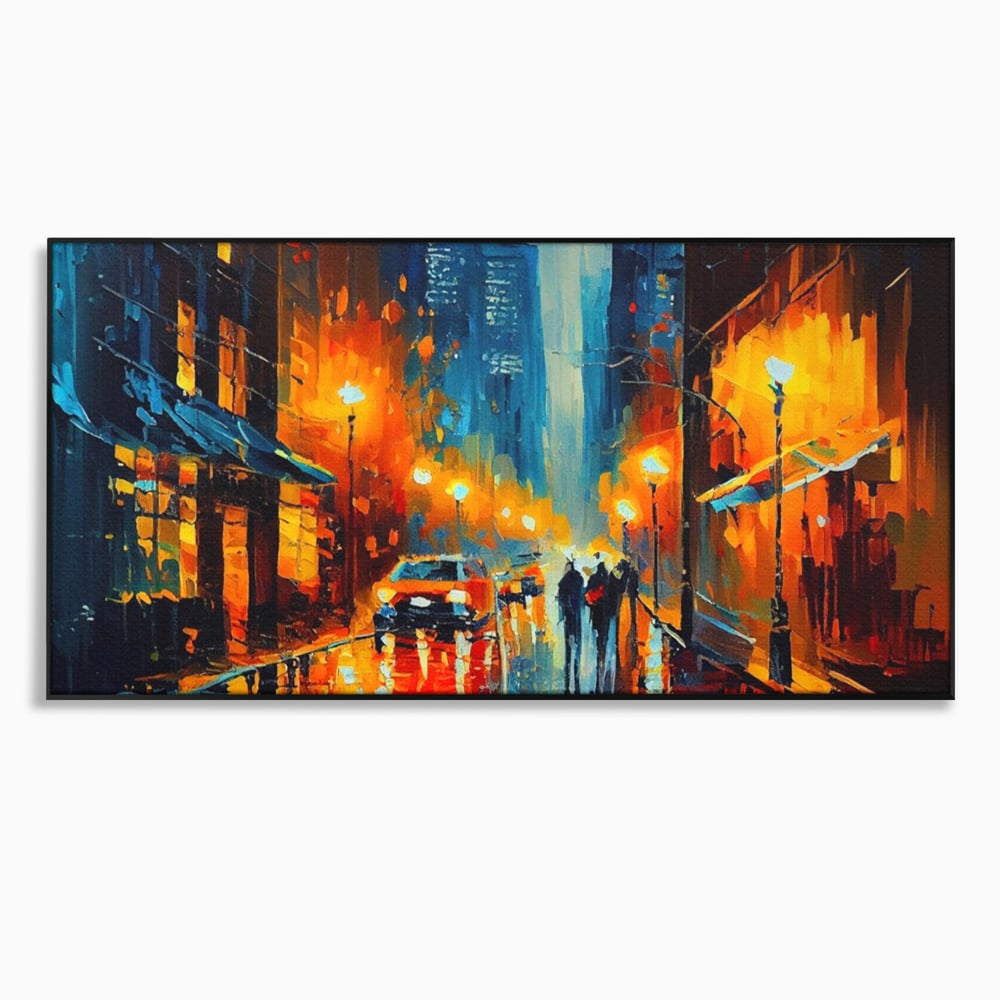 Tablou canvas cu pictura stradala cu oras plouat, in rama de aluminiu negru