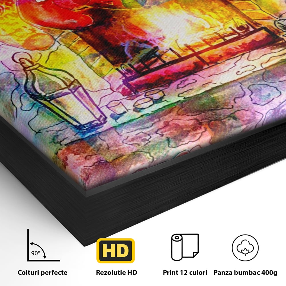 Detaliu al suprafetei: tablou canvas cu peisaj festiv de craciun, in rama de aluminiu negru