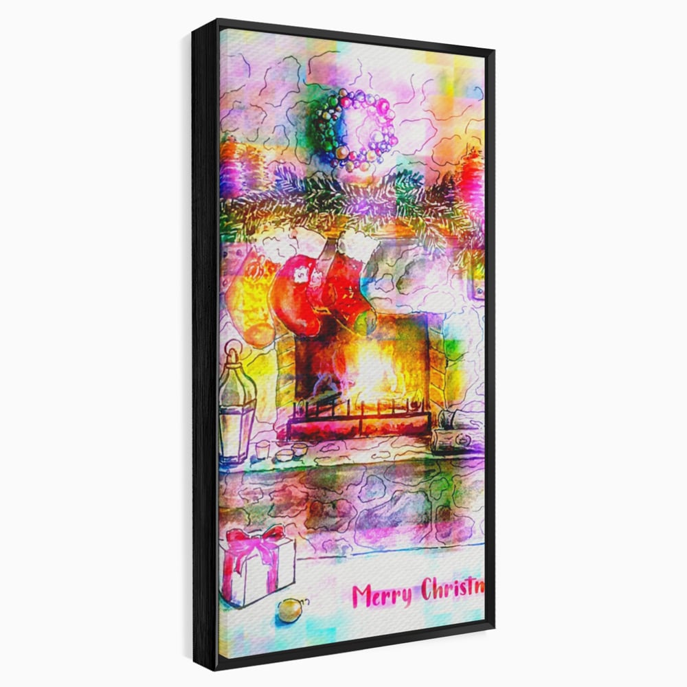 Tablou canvas cu tablou canvas cu peisaj festiv de craciun, in rama de aluminiu negru