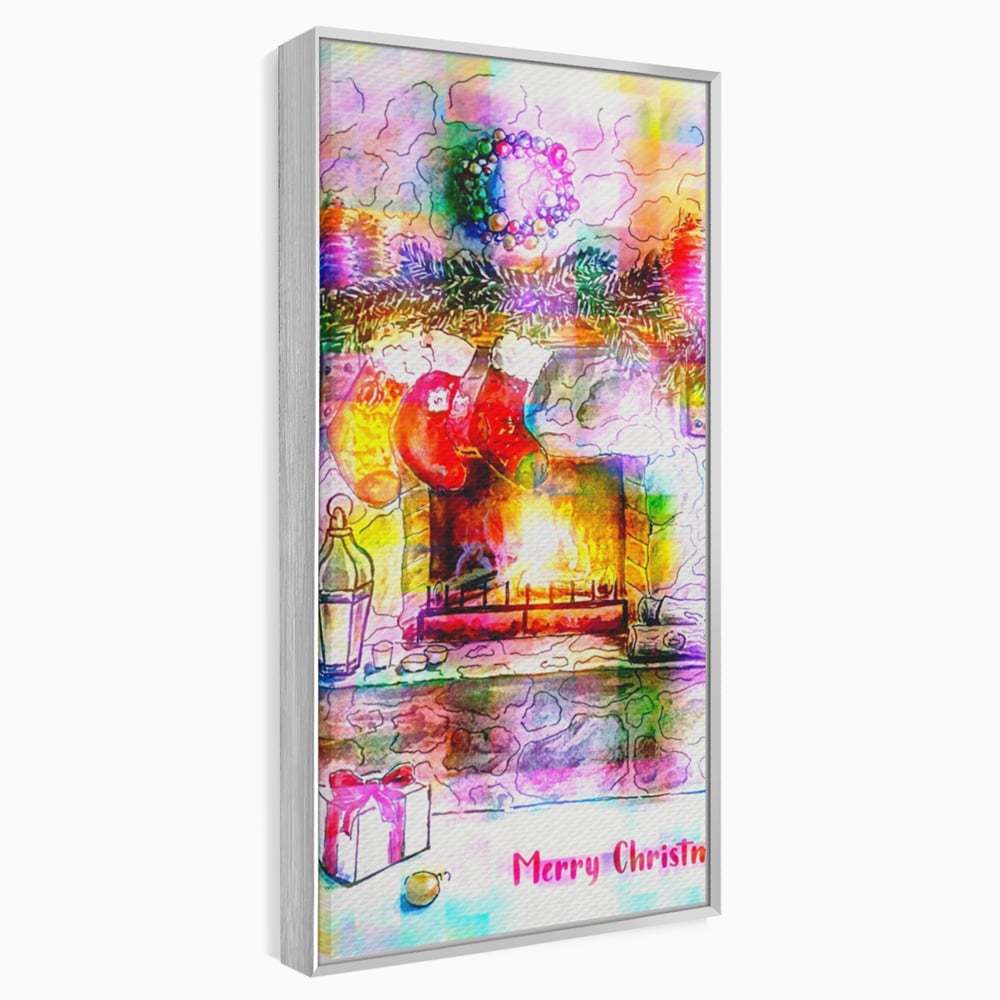 Tablou canvas cu tablou canvas cu peisaj festiv de craciun, in rama de aluminiu argintiu