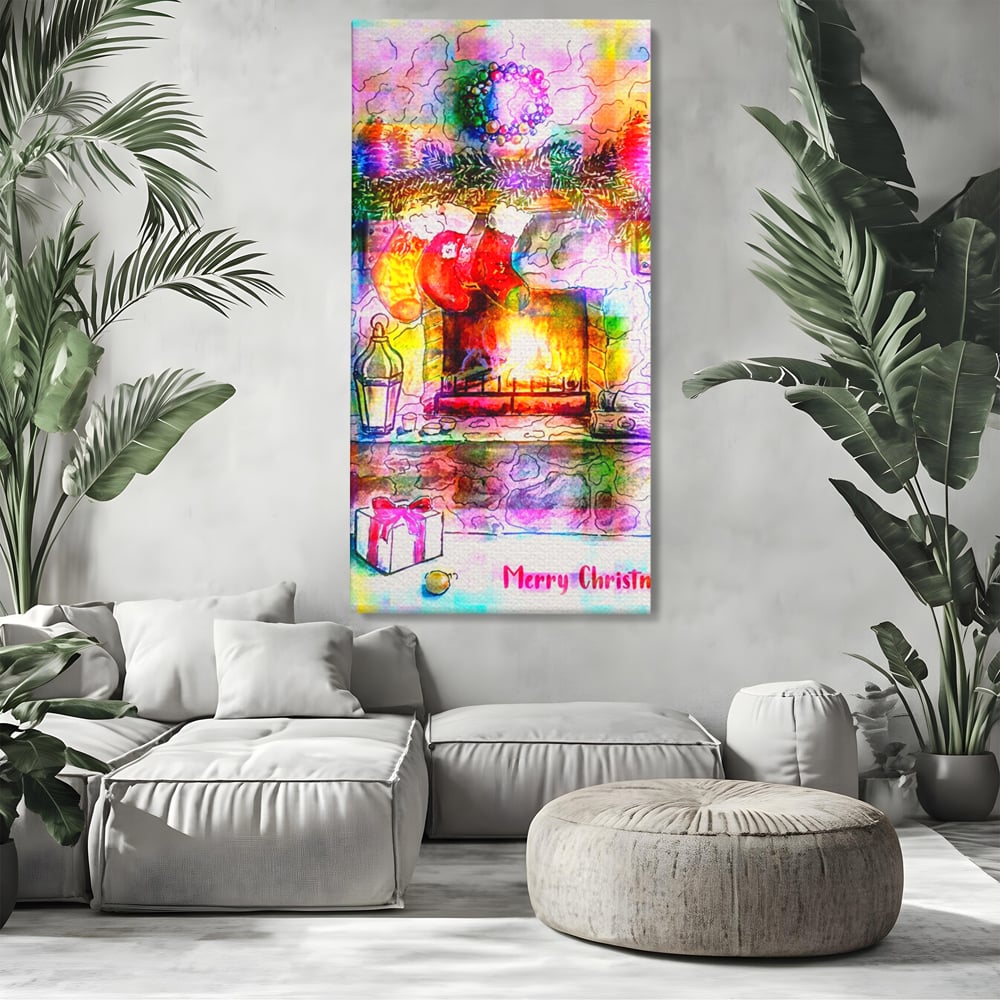 Tablou canvas cu tablou canvas cu peisaj festiv de craciun, fara rama, pe sasiu de lemn, pe perete intr-un living