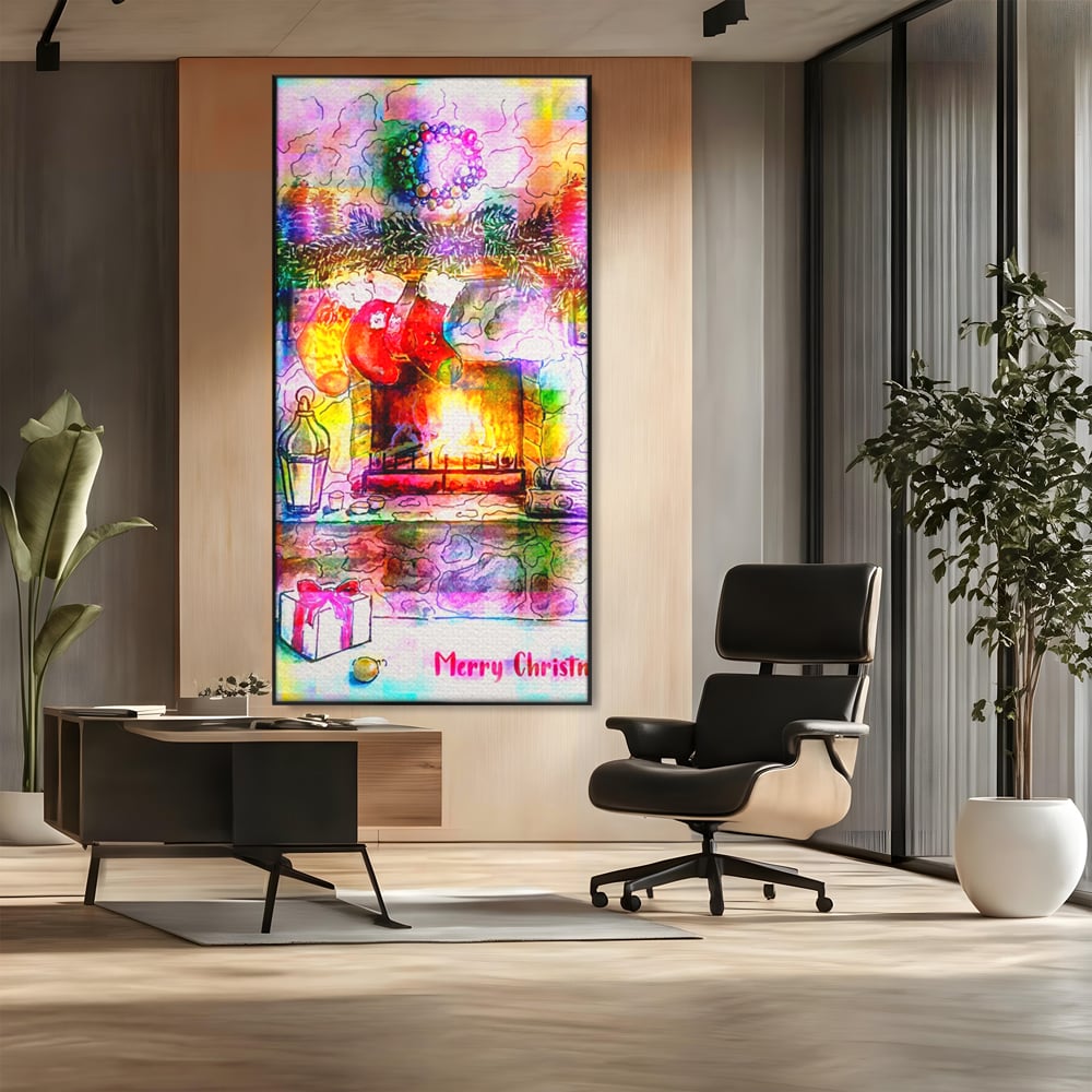 Tablou canvas cu tablou canvas cu peisaj festiv de craciun, in rama de aluminiu negru, pe perete intr-un birou