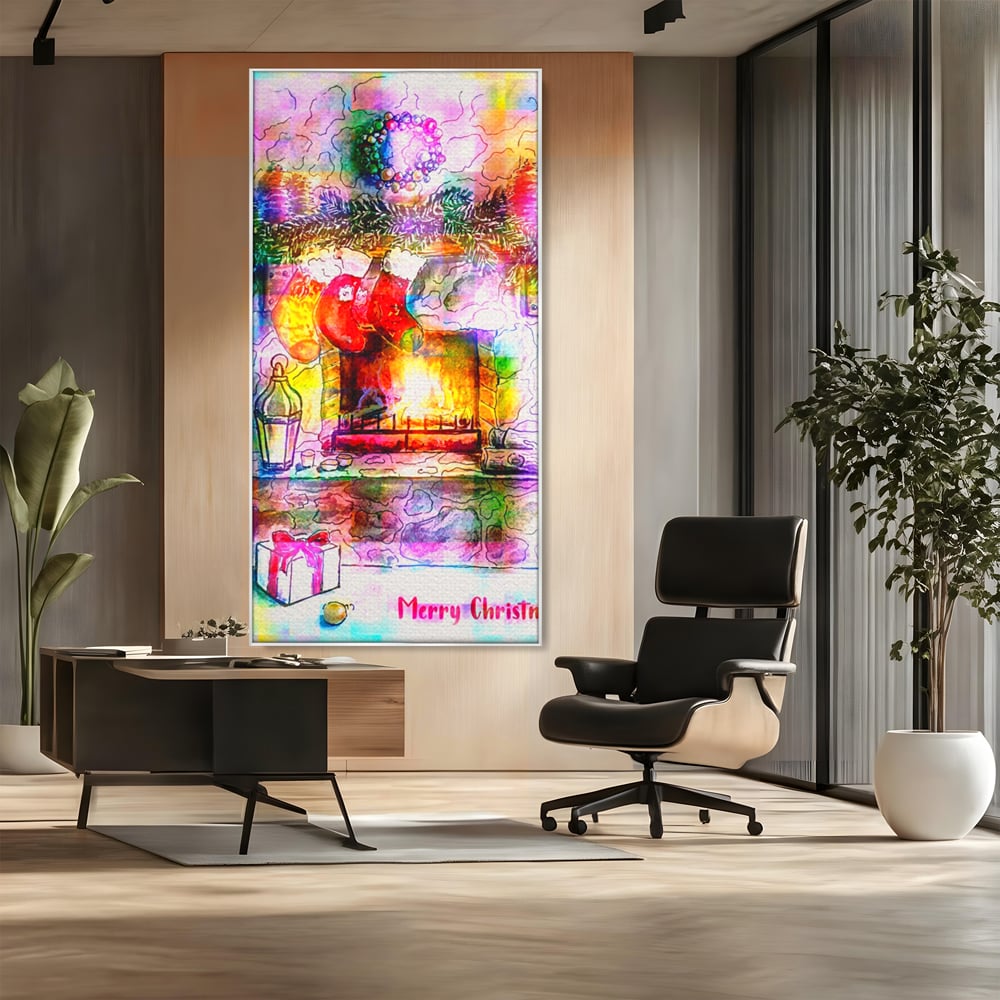 Tablou canvas cu tablou canvas cu peisaj festiv de craciun, in rama de aluminiu argintiu, pe perete intr-un birou