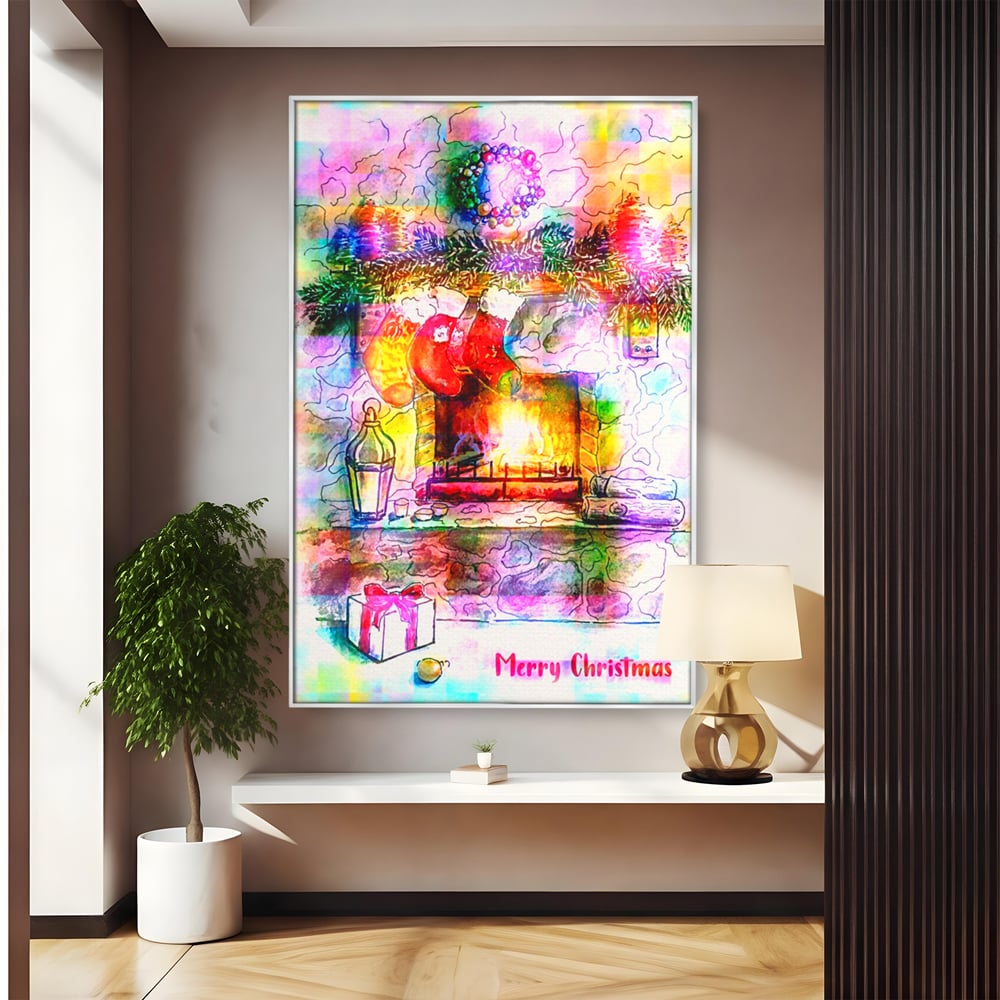 Tablou canvas cu tablou canvas cu peisaj festiv de craciun, in rama de aluminiu argintiu