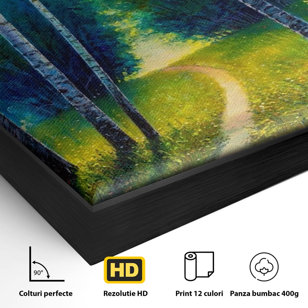 Detaliu al suprafetei: tablou canvas cu alee prin padurea verde, in rama de aluminiu negru