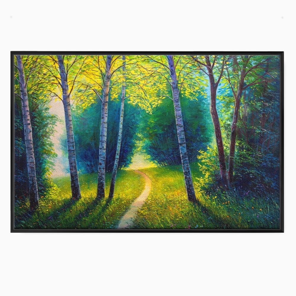 Tablou canvas cu tablou canvas cu alee prin padurea verde, in rama de aluminiu negru