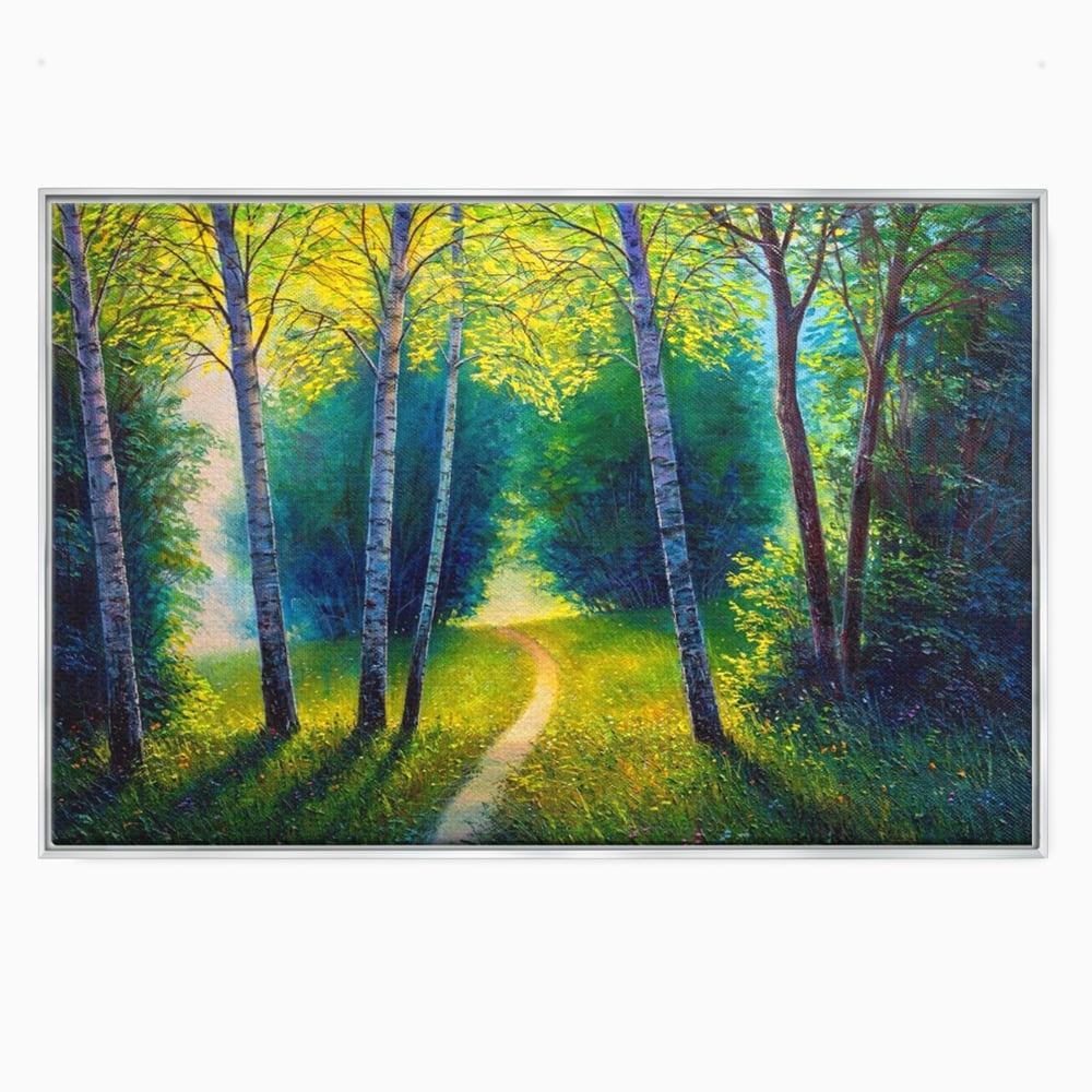 Tablou canvas cu tablou canvas cu alee prin padurea verde, in rama de aluminiu argintiu