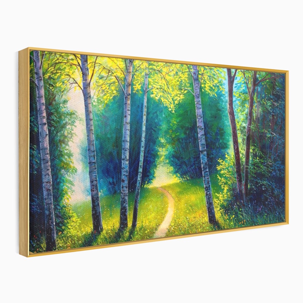 Tablou canvas cu tablou canvas cu alee prin padurea verde, in rama de aluminiu auriu