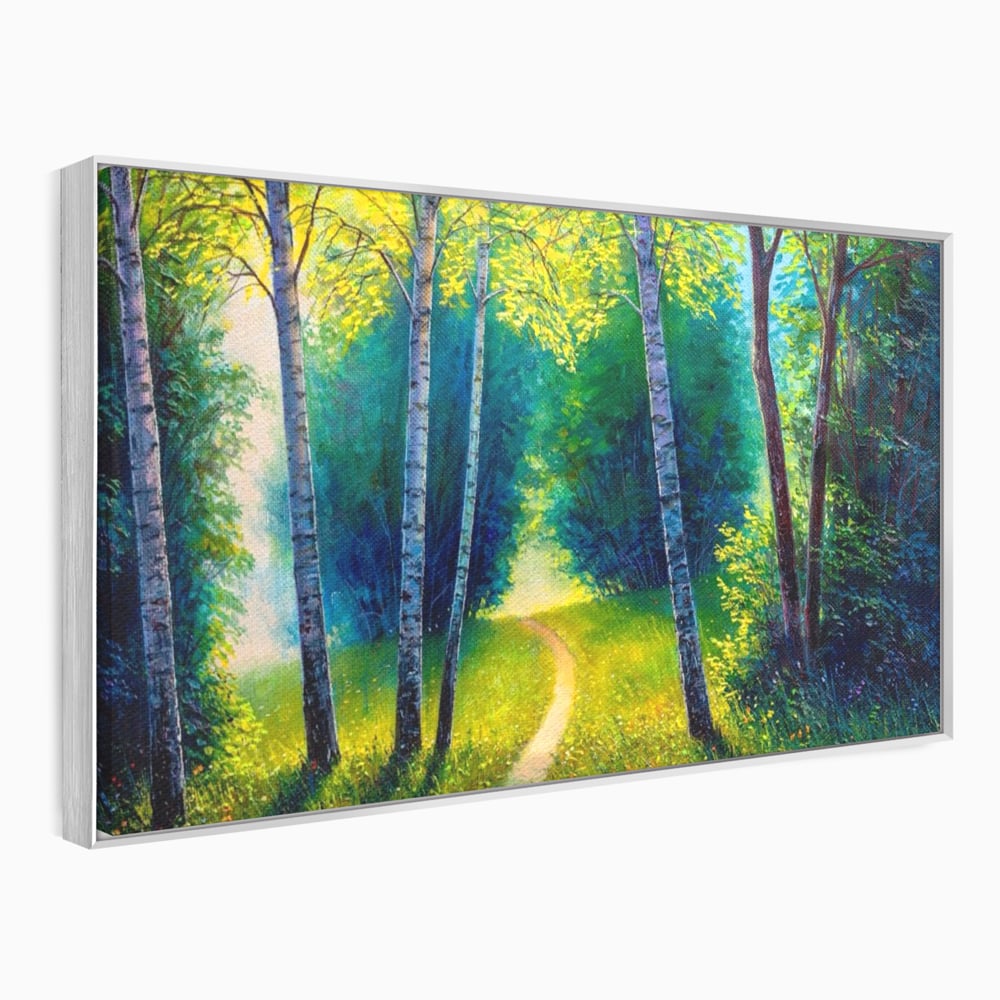 Tablou canvas cu tablou canvas cu alee prin padurea verde, in rama de aluminiu argintiu