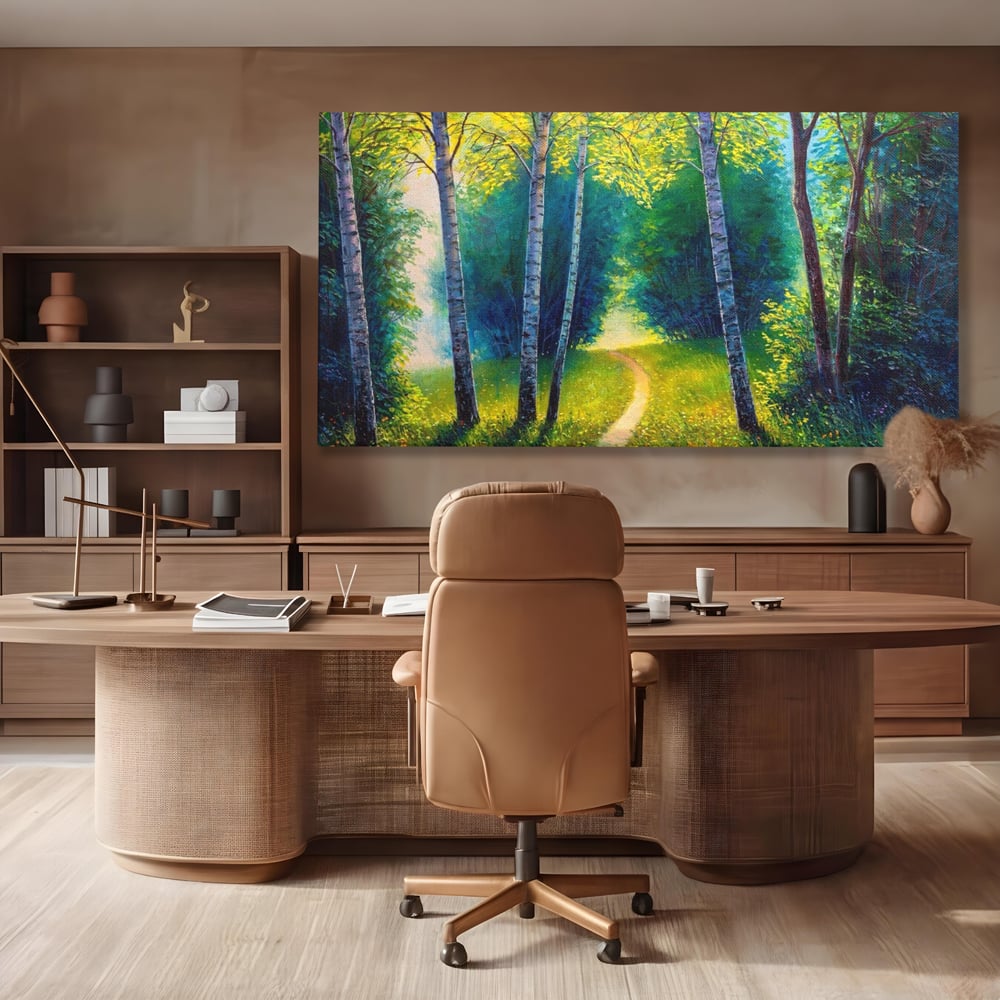 Tablou canvas cu tablou canvas cu alee prin padurea verde, fara rama, pe sasiu de lemn, pe perete intr-un birou