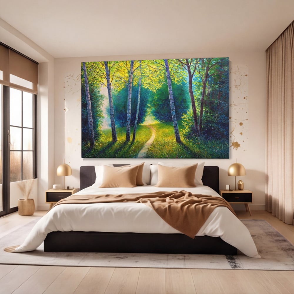 Tablou canvas cu tablou canvas cu alee prin padurea verde, fara rama, pe sasiu de lemn, pe perete intr-un dormitor