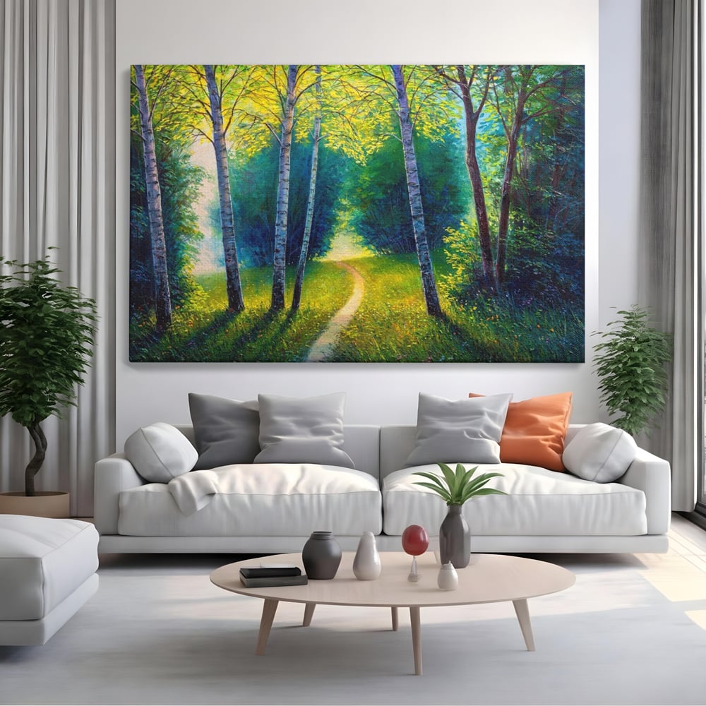 Tablou canvas cu tablou canvas cu alee prin padurea verde, fara rama, pe sasiu de lemn, pe perete intr-un living