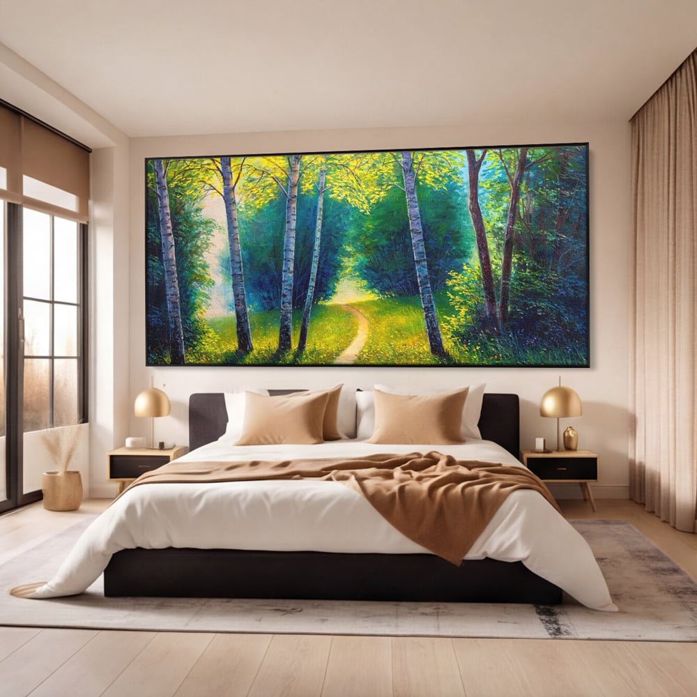 Tablou canvas cu tablou canvas cu alee prin padurea verde, in rama de aluminiu negru, pe perete intr-un dormitor