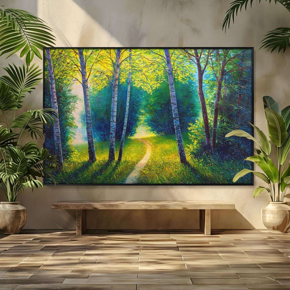 Tablou canvas cu tablou canvas cu alee prin padurea verde, in rama de aluminiu negru