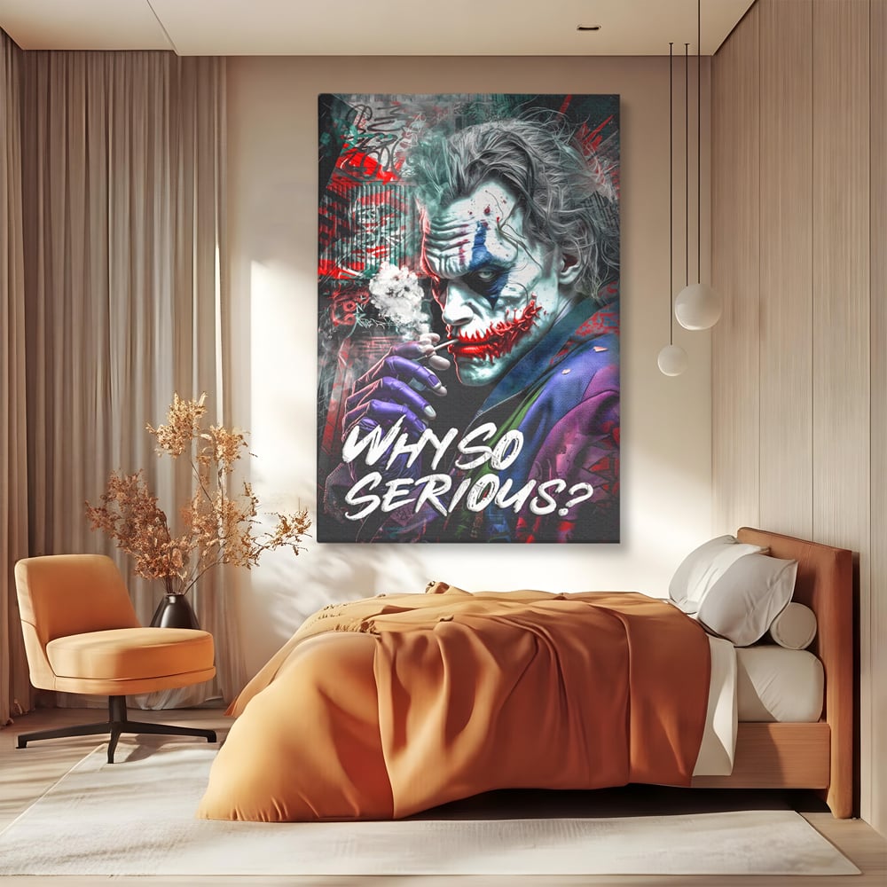 Tablou canvas cu tablou canvas cu jokerul fumand, fara rama, pe sasiu de lemn, pe perete intr-un dormitor