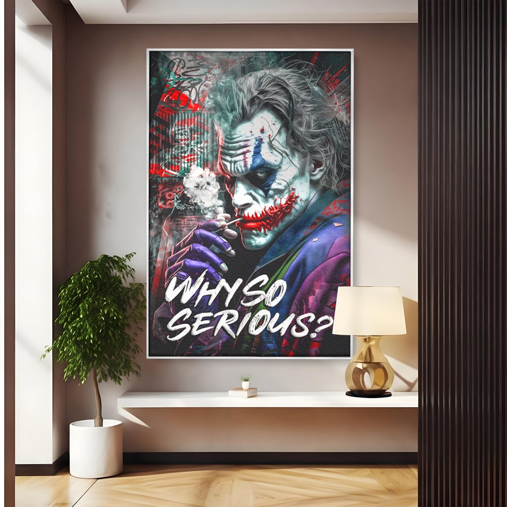 Tablou canvas cu tablou canvas cu jokerul fumand, in rama de aluminiu argintiu
