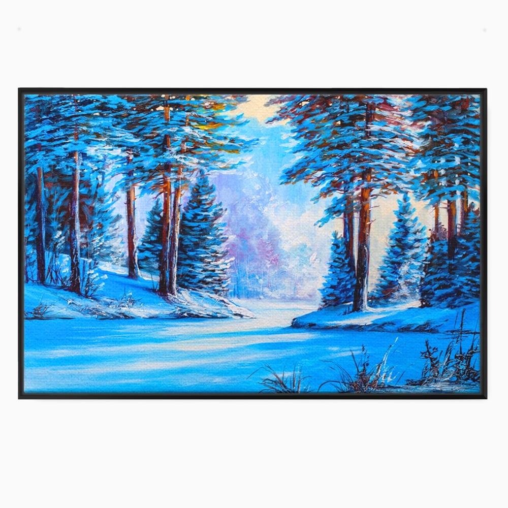 Tablou canvas cu pictura peisaj de iarna cu padure si zapada, in rama de aluminiu negru