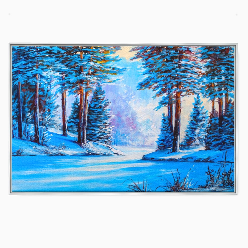 Tablou canvas cu pictura peisaj de iarna cu padure si zapada, in rama de aluminiu argintiu