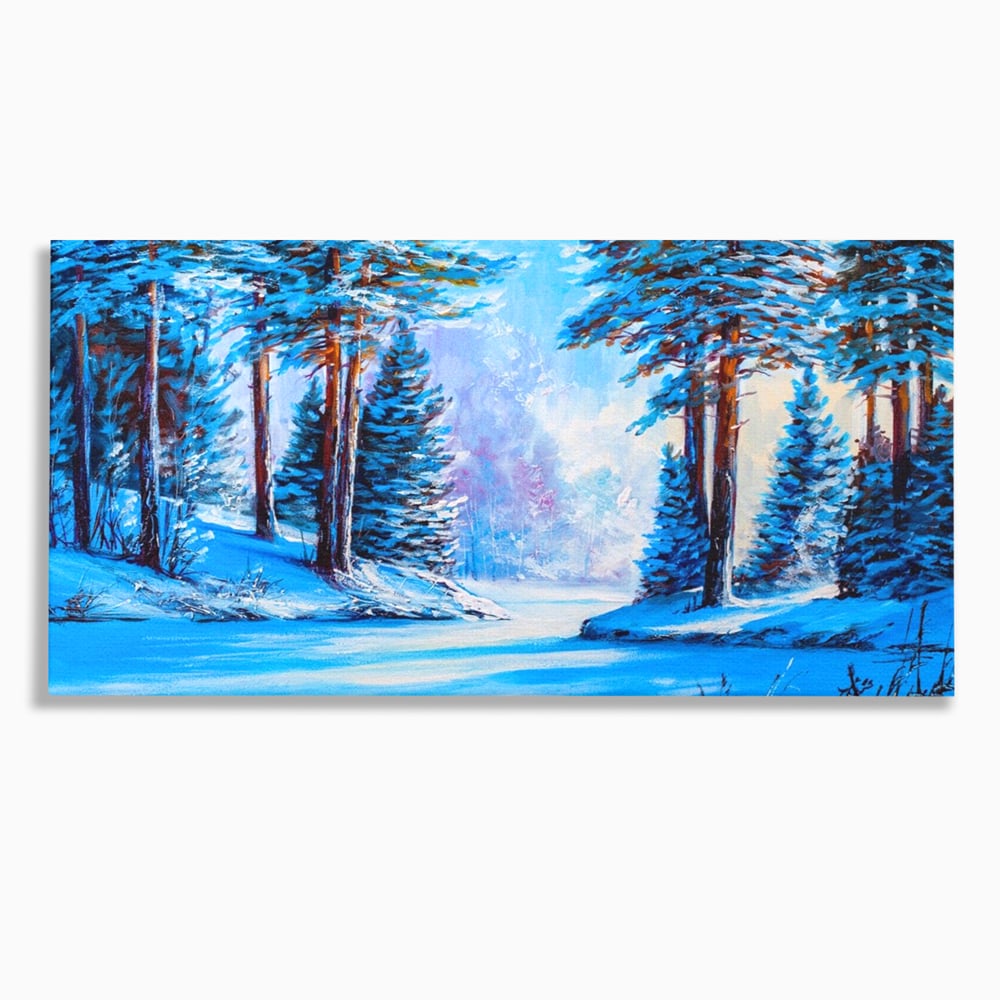 Tablou canvas cu pictura peisaj de iarna cu padure si zapada, fara rama, pe sasiu de lemn