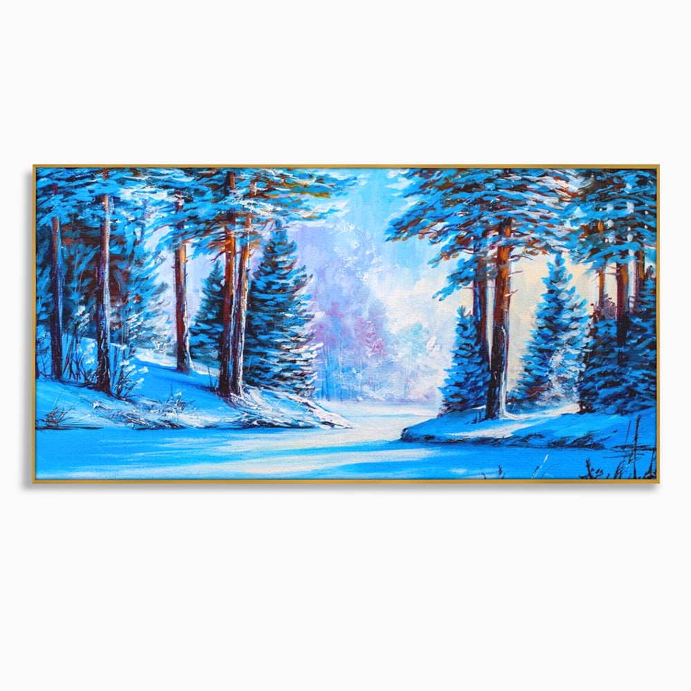 Tablou canvas cu pictura peisaj de iarna cu padure si zapada, in rama de aluminiu auriu