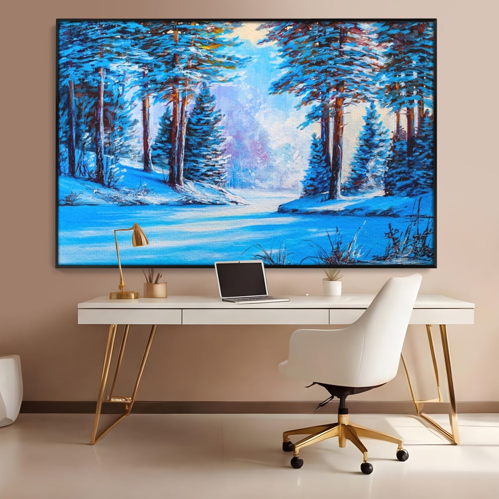 Tablou canvas cu pictura peisaj de iarna cu padure si zapada, in rama de aluminiu negru, pe perete intr-un birou