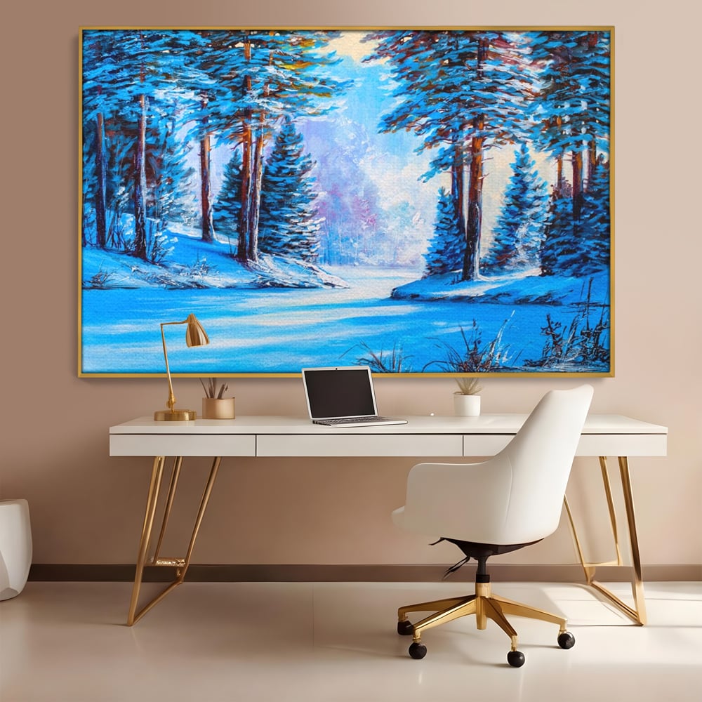 Tablou canvas cu pictura peisaj de iarna cu padure si zapada, in rama de aluminiu auriu, pe perete intr-un birou