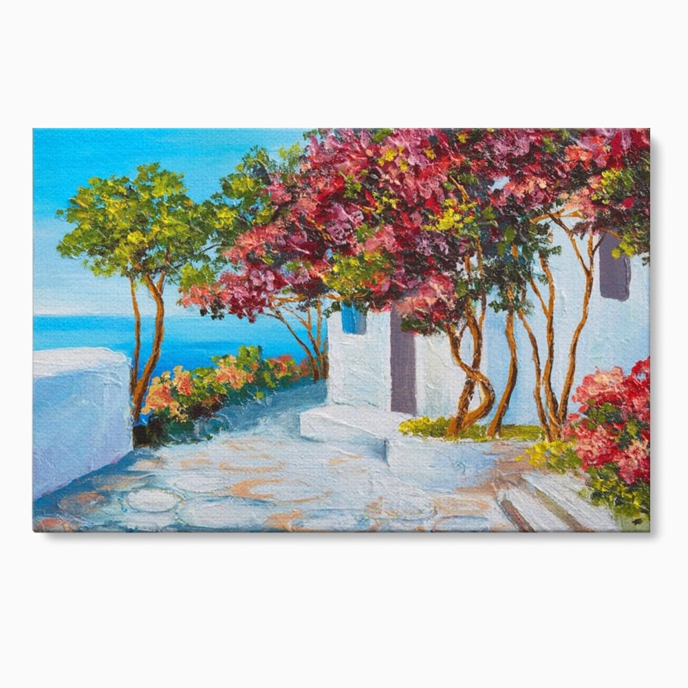 Tablou canvas cu pictura peisaj mediteranean cu flori roz, fara rama, pe sasiu de lemn