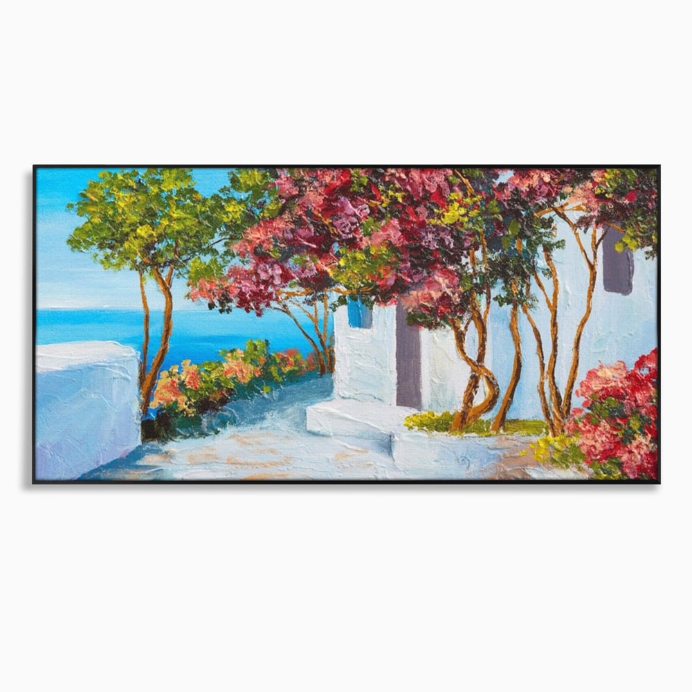 Tablou canvas cu pictura peisaj mediteranean cu flori roz, in rama de aluminiu negru
