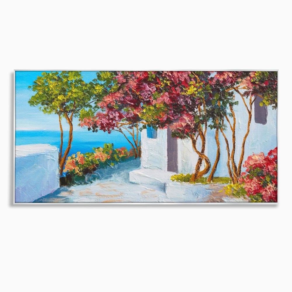 Tablou canvas cu pictura peisaj mediteranean cu flori roz, in rama de aluminiu argintiu