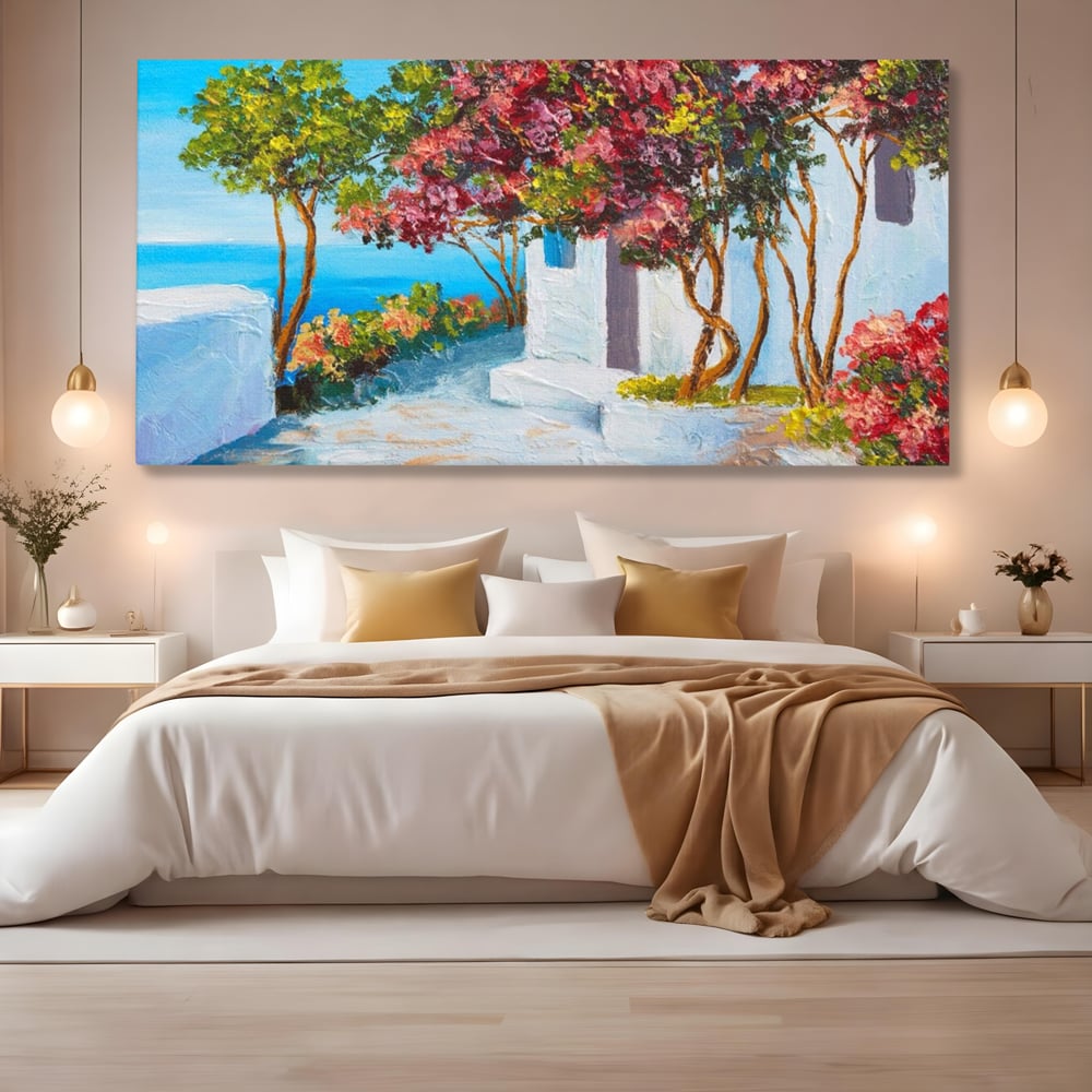 Tablou canvas cu pictura peisaj mediteranean cu flori roz, fara rama, pe sasiu de lemn, pe perete intr-un dormitor