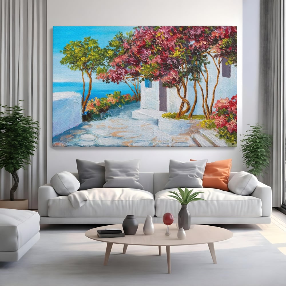 Tablou canvas cu pictura peisaj mediteranean cu flori roz, fara rama, pe sasiu de lemn, pe perete intr-un living