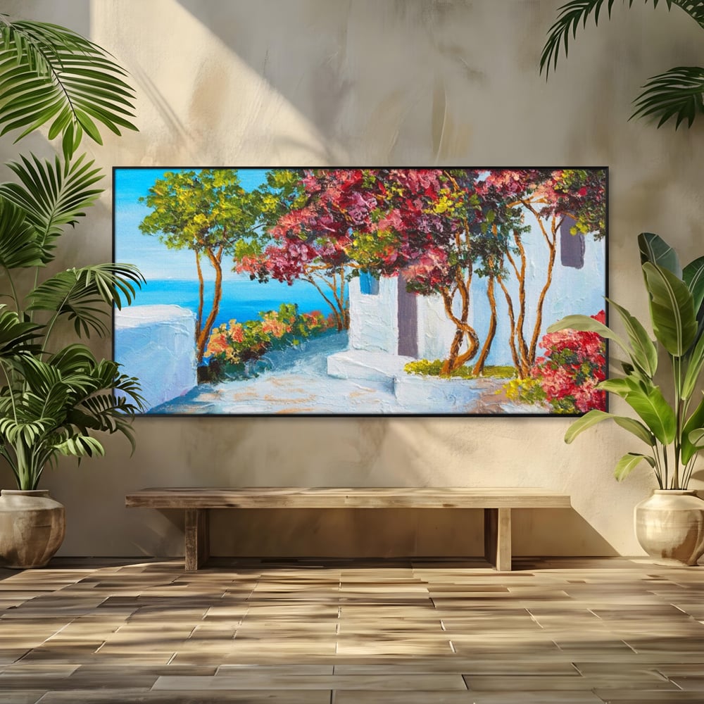 Tablou canvas cu pictura peisaj mediteranean cu flori roz, in rama de aluminiu negru
