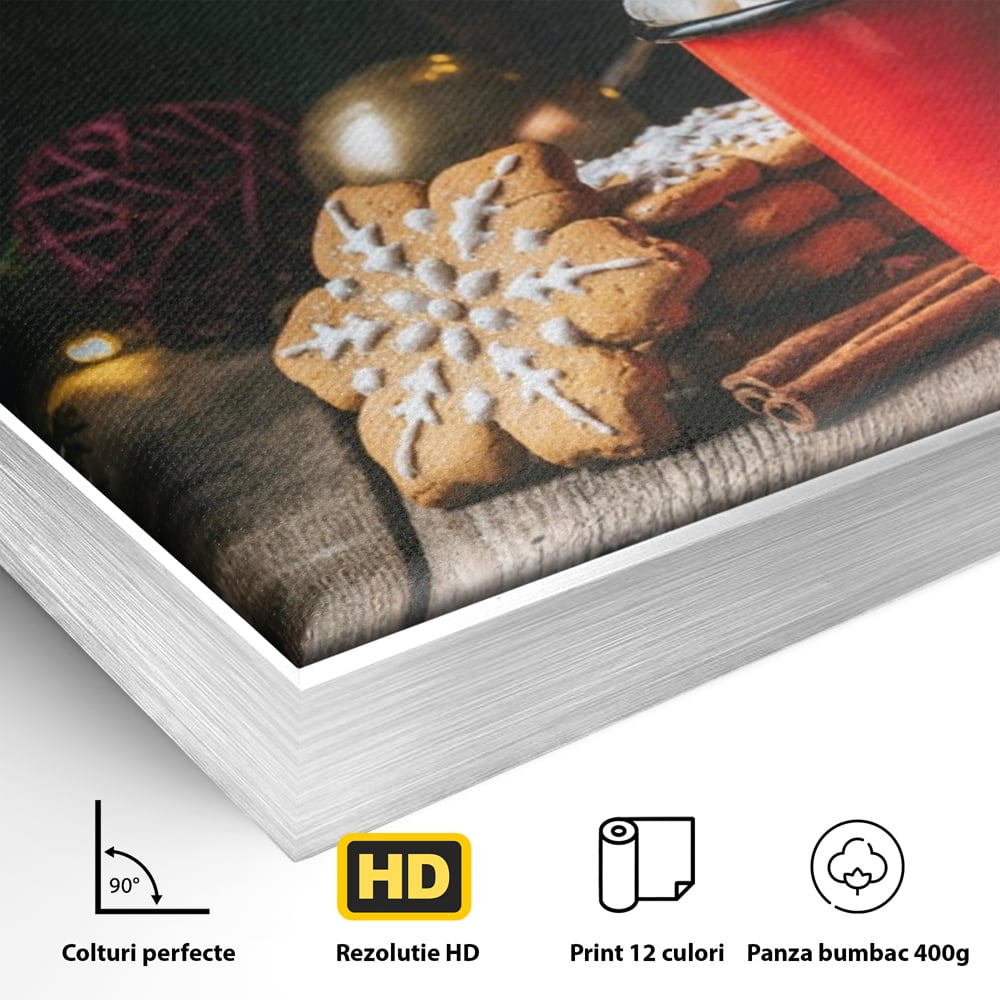 Detaliu al suprafetei: tablou canvas cu turta dulce si cana rosie, in rama de aluminiu argintiu