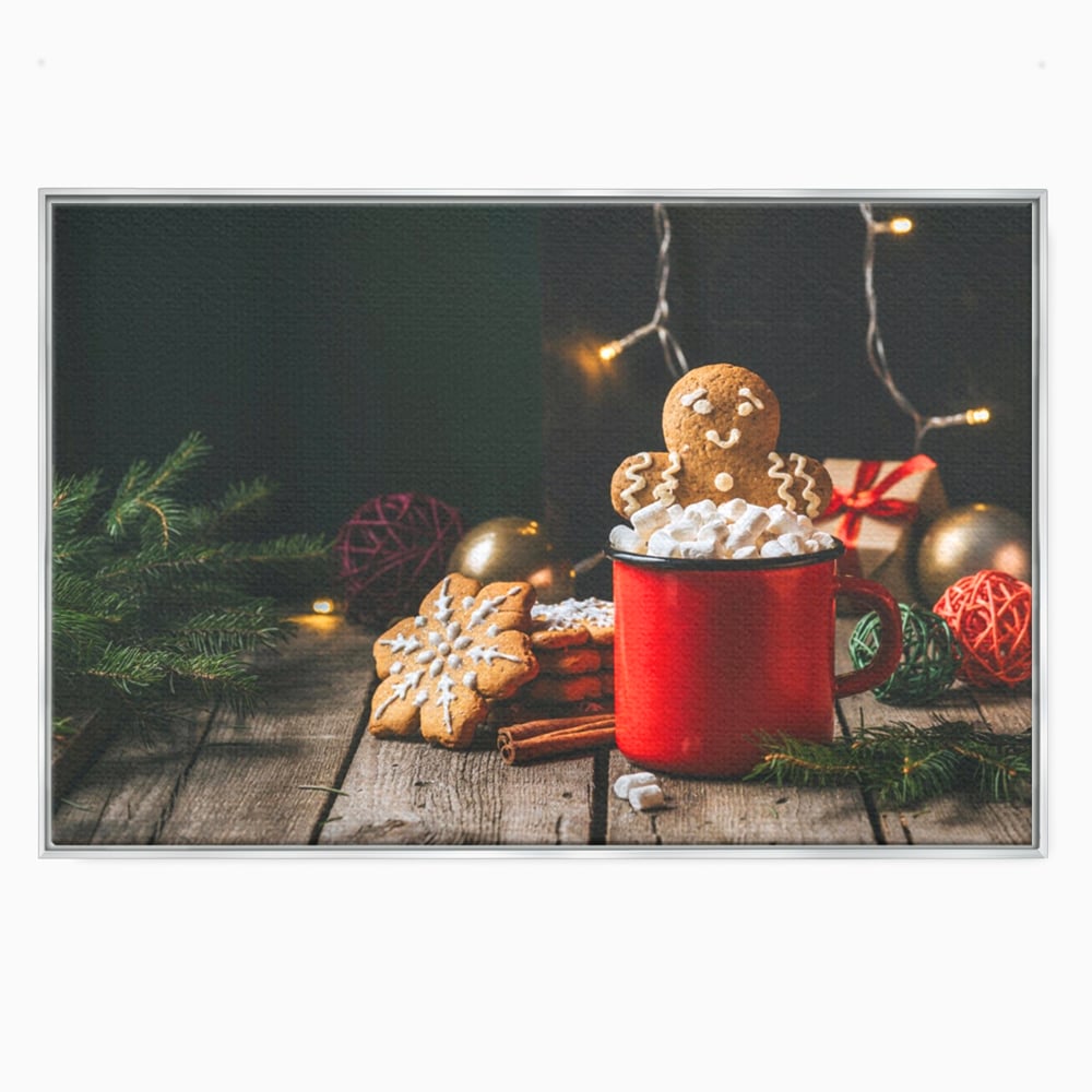 Tablou canvas cu tablou canvas cu turta dulce si cana rosie, in rama de aluminiu argintiu