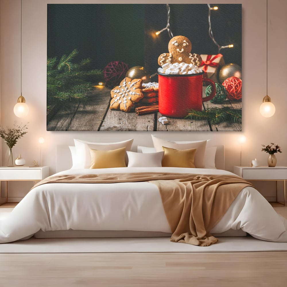 Tablou canvas cu tablou canvas cu turta dulce si cana rosie, fara rama, pe sasiu de lemn, pe perete intr-un dormitor