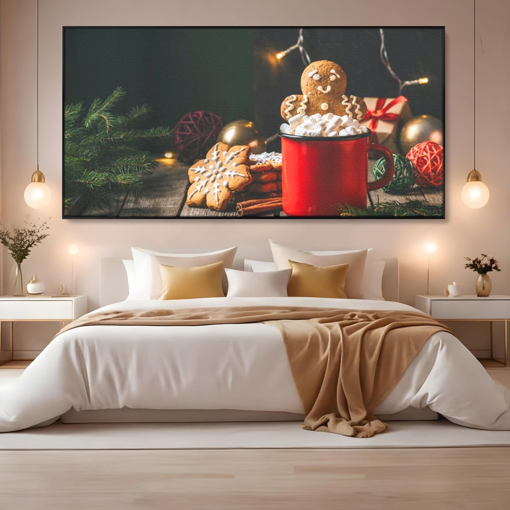Tablou canvas cu tablou canvas cu turta dulce si cana rosie, in rama de aluminiu negru, pe perete intr-un dormitor