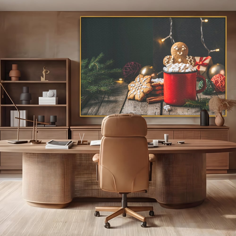 Tablou canvas cu tablou canvas cu turta dulce si cana rosie, in rama de aluminiu auriu, pe perete intr-un birou