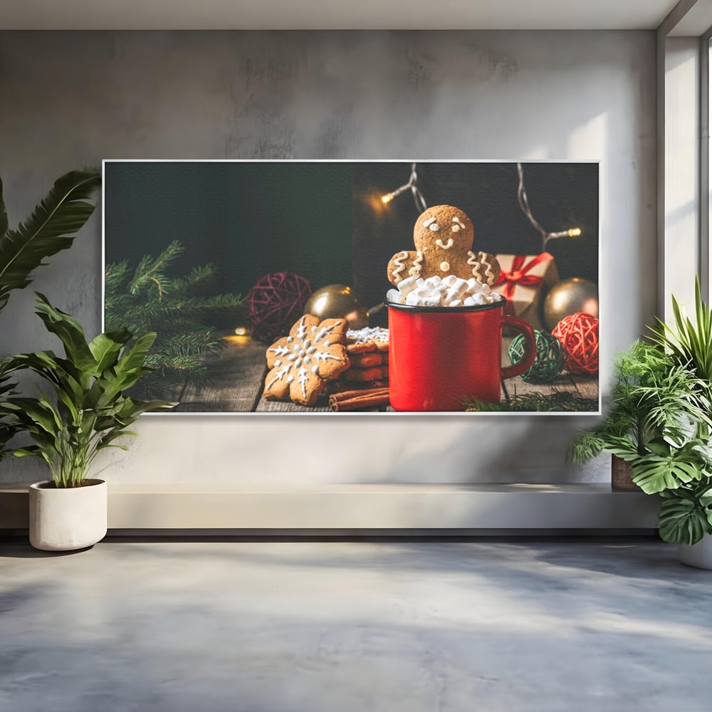 Tablou canvas cu tablou canvas cu turta dulce si cana rosie, in rama de aluminiu argintiu