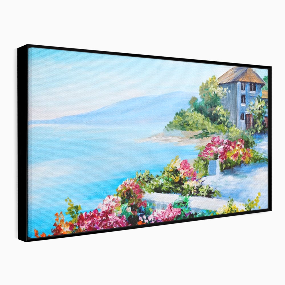 Tablou canvas cu tablou pictura cu flori si mare, in rama de aluminiu negru