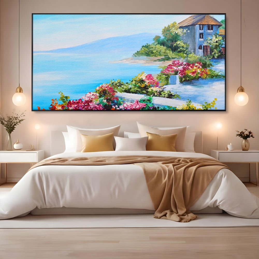 Tablou canvas cu tablou pictura cu flori si mare, in rama de aluminiu negru, pe perete intr-un dormitor