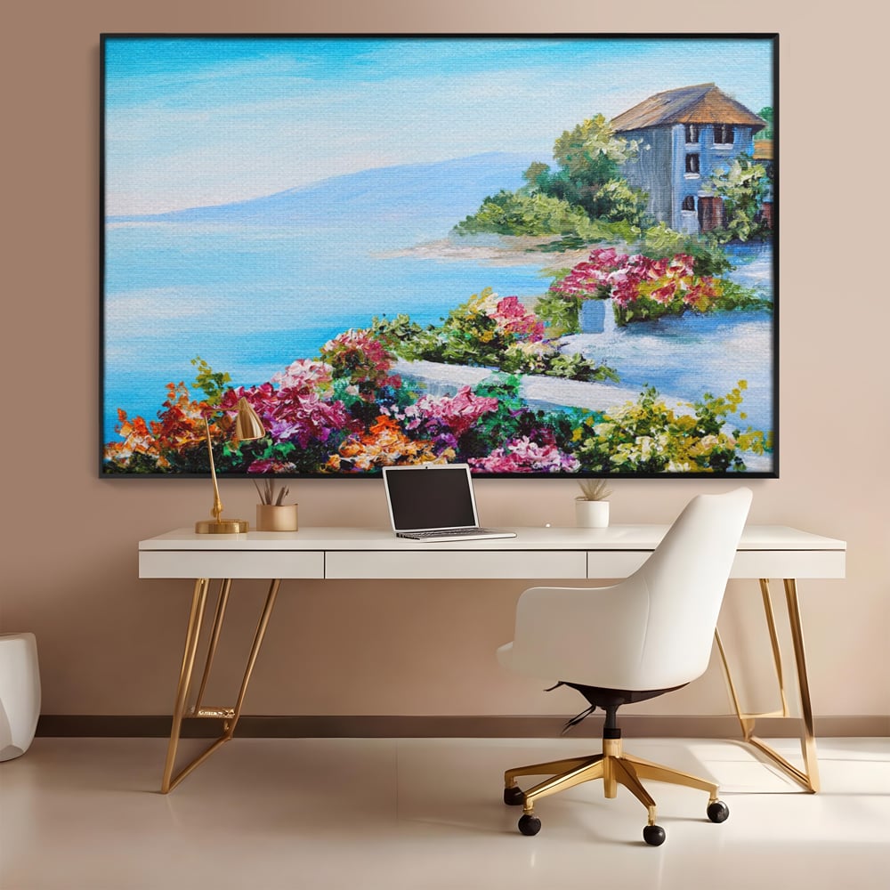 Tablou canvas cu tablou pictura cu flori si mare, in rama de aluminiu negru, pe perete intr-un birou