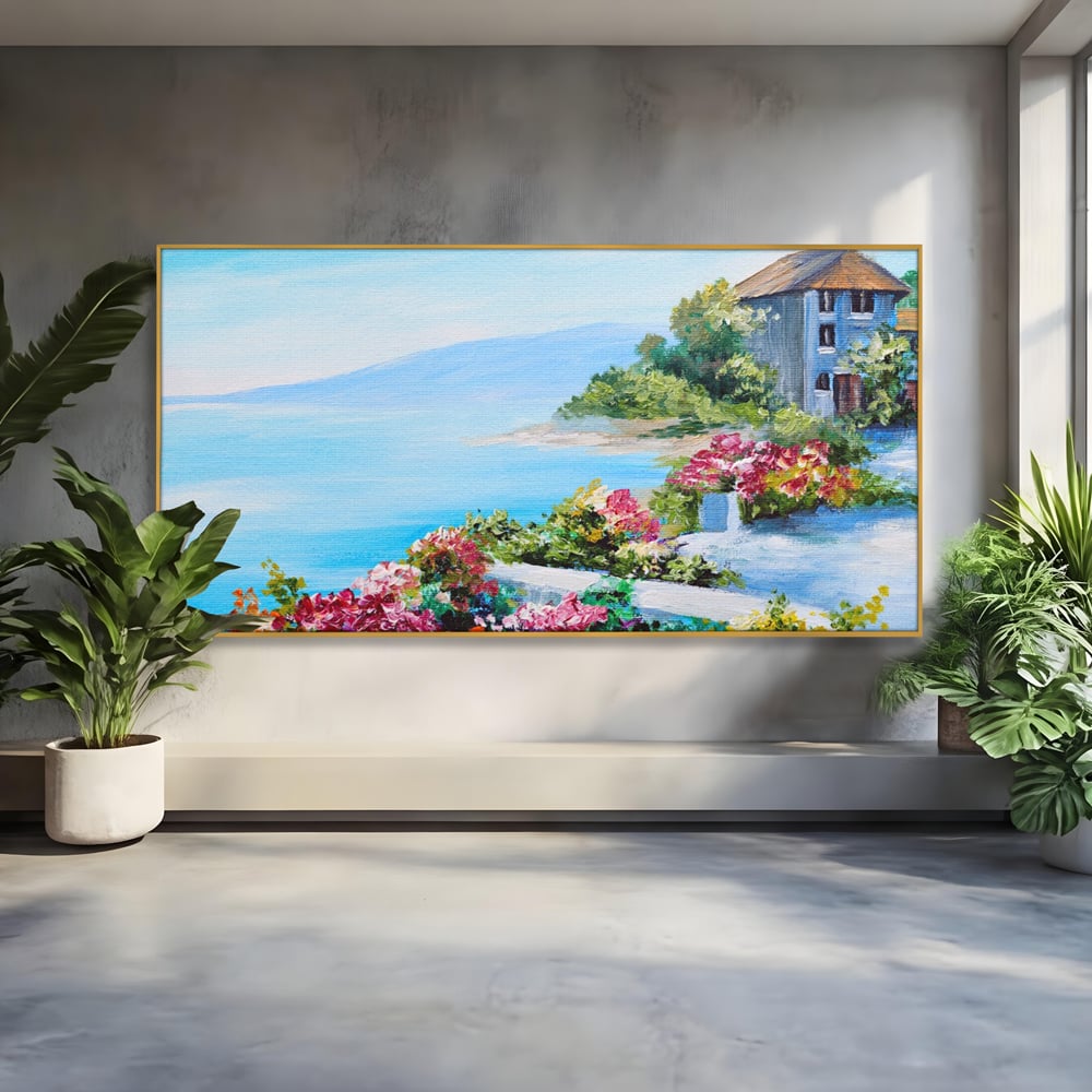 Tablou canvas cu tablou pictura cu flori si mare, in rama de aluminiu auriu