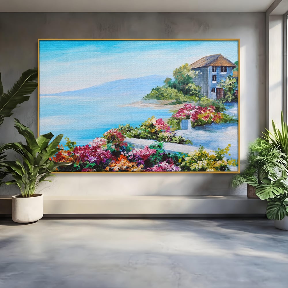 Tablou canvas cu tablou pictura cu flori si mare, in rama de aluminiu auriu