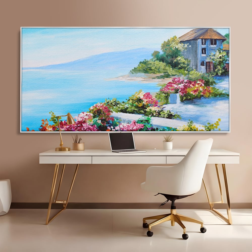 Tablou canvas cu tablou pictura cu flori si mare, in rama de aluminiu argintiu, pe perete intr-un birou